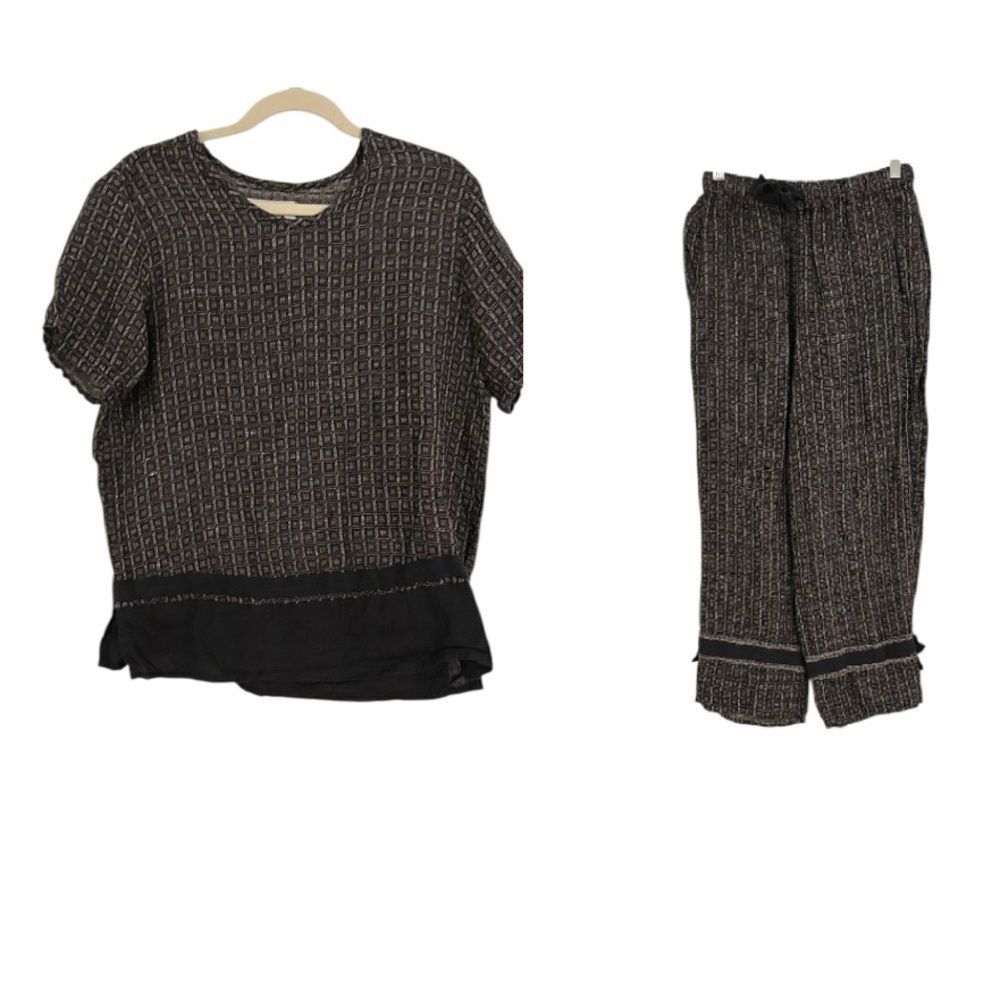 Flax Gray Black Print 100% Linen Top Pants Set Size P (4-6)
